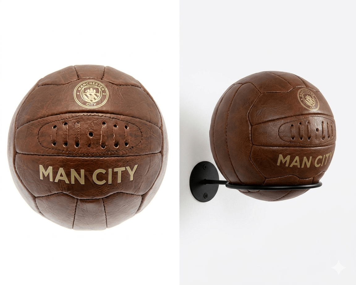 Manchester City Fodbold i retro look og boldholder til væg (inkl. sorte skruer) - Lukaki.dk